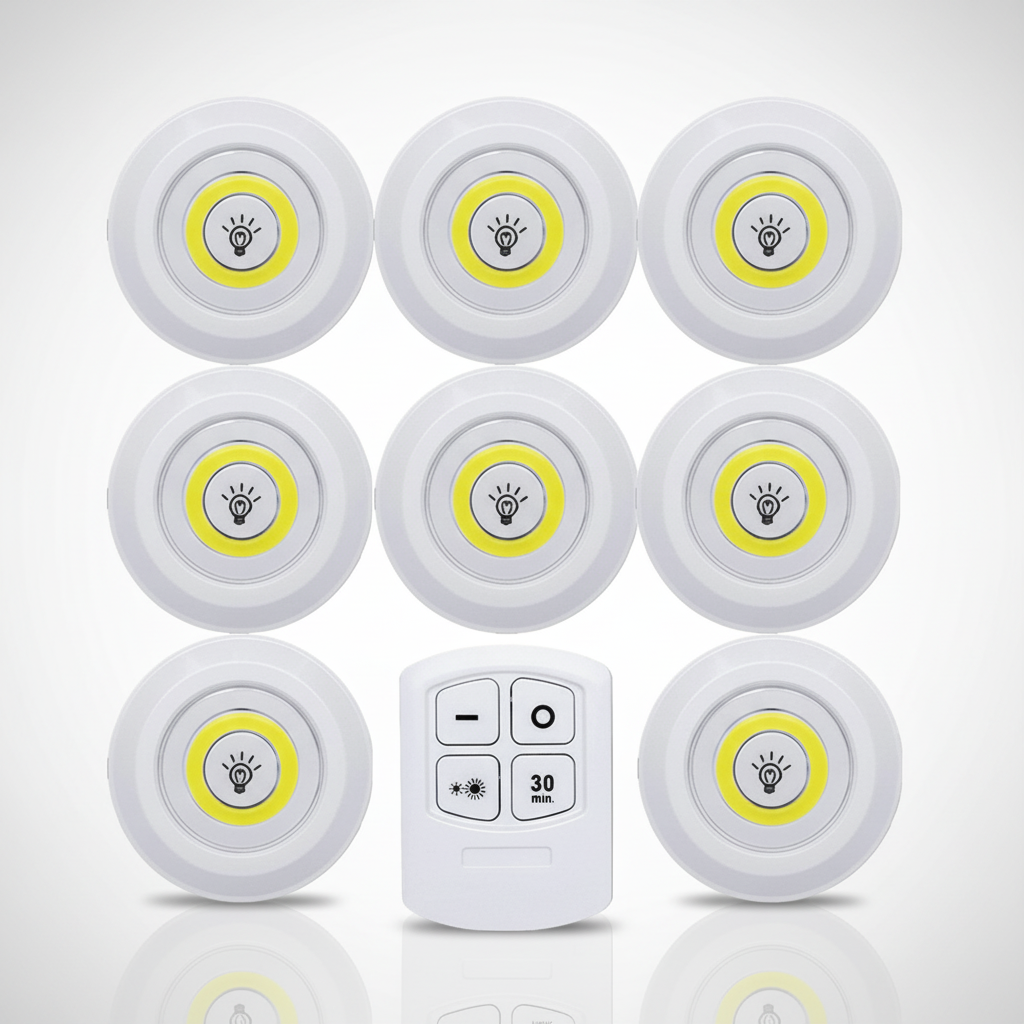 Conjunto de 3 luzes LED brancas em disco, a pilhas, com controlo remoto