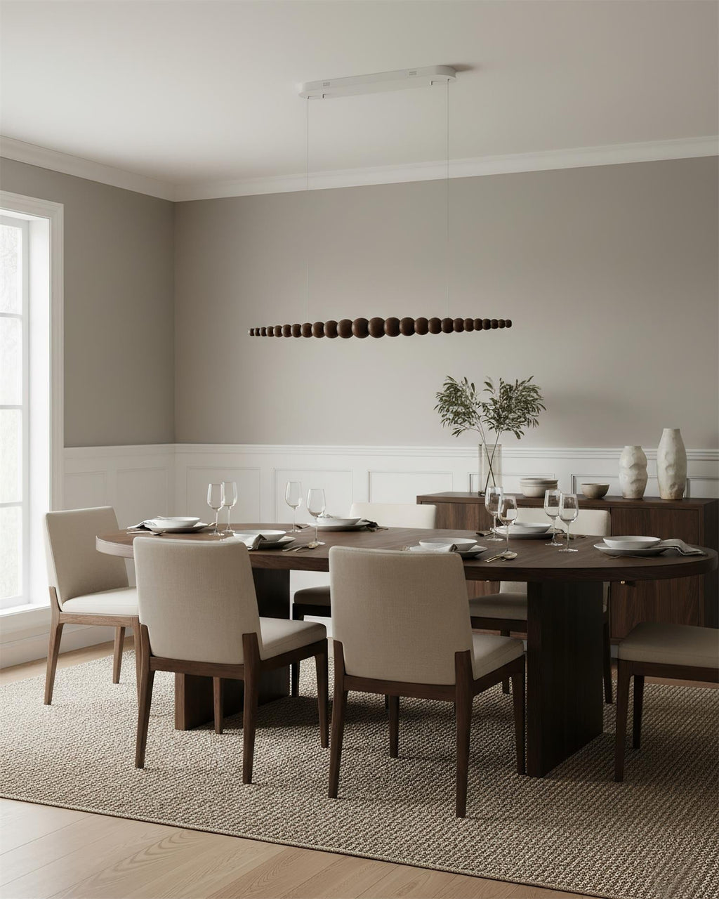 LED-pendellampe med globeskjerm, 46 tommer — metall, tre og akryl, 3000 K