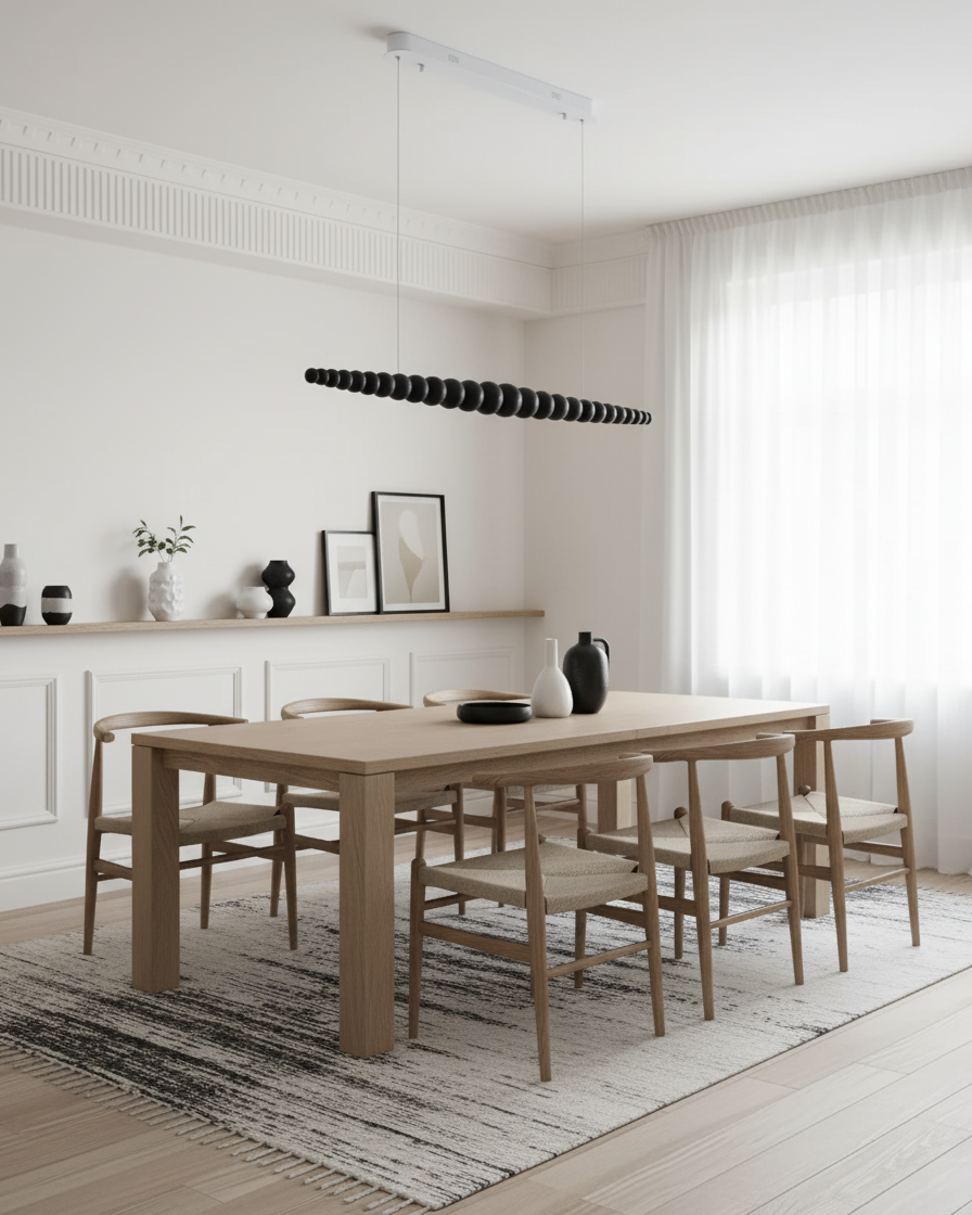 LED-pendellampe med globeskjerm, 46 tommer — metall, tre og akryl, 3000 K