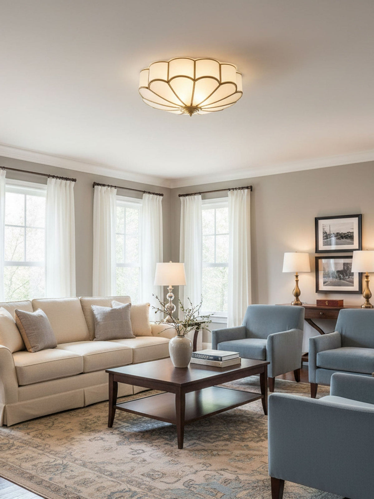 Brass Multi-Arm Flush Mount Ceiling Light — Frosted Glass