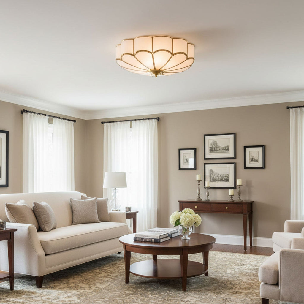 Brass Multi-Arm Flush Mount Ceiling Light — Frosted Glass
