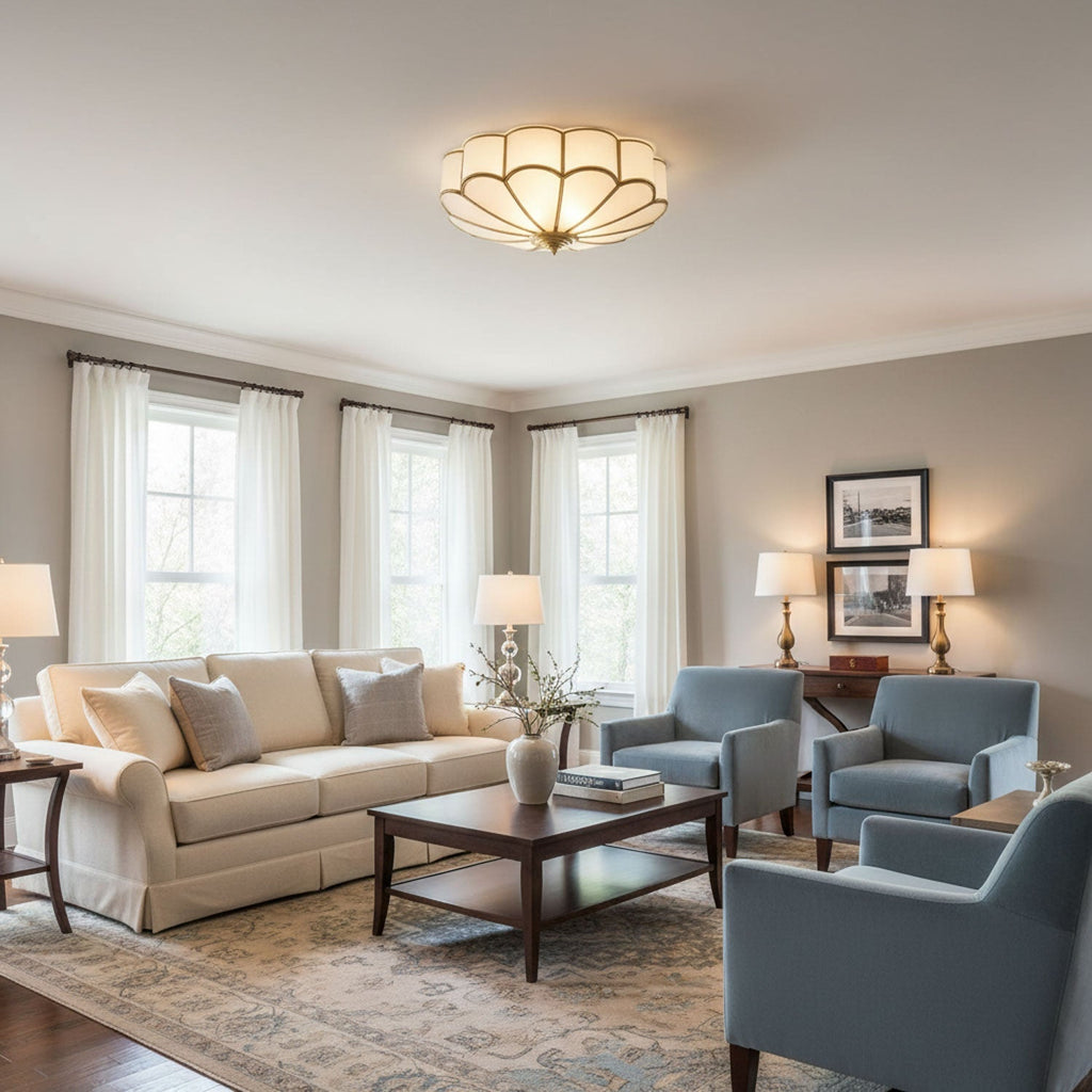Brass Multi-Arm Flush Mount Ceiling Light — Frosted Glass