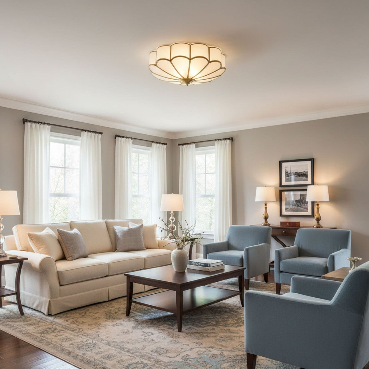 Brass Multi-Arm Flush Mount Ceiling Light — Frosted Glass