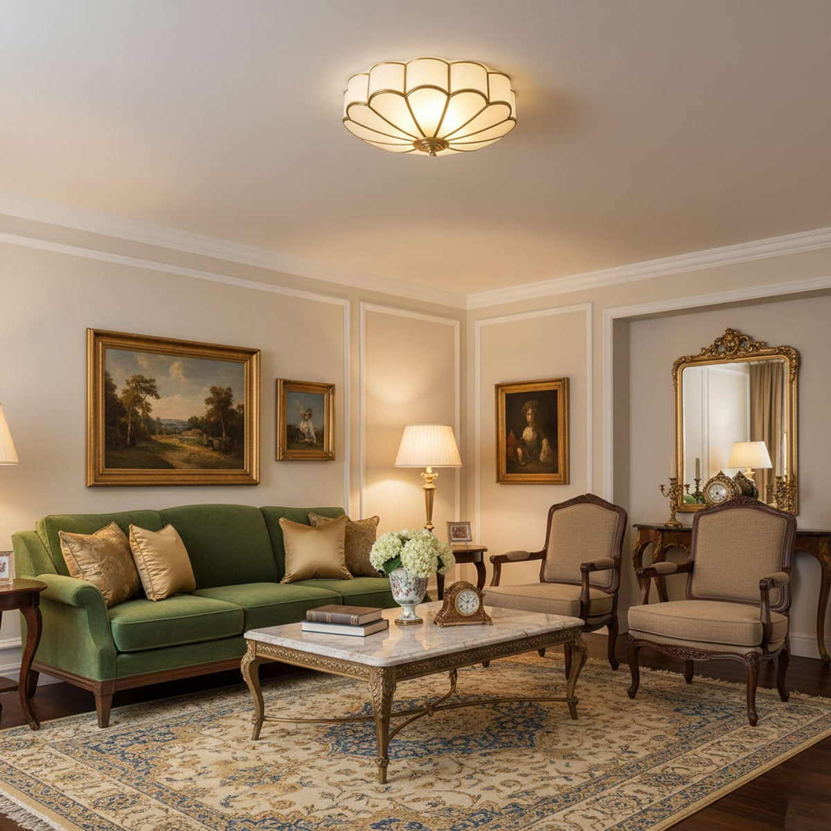 Brass Multi-Arm Flush Mount Ceiling Light — Frosted Glass