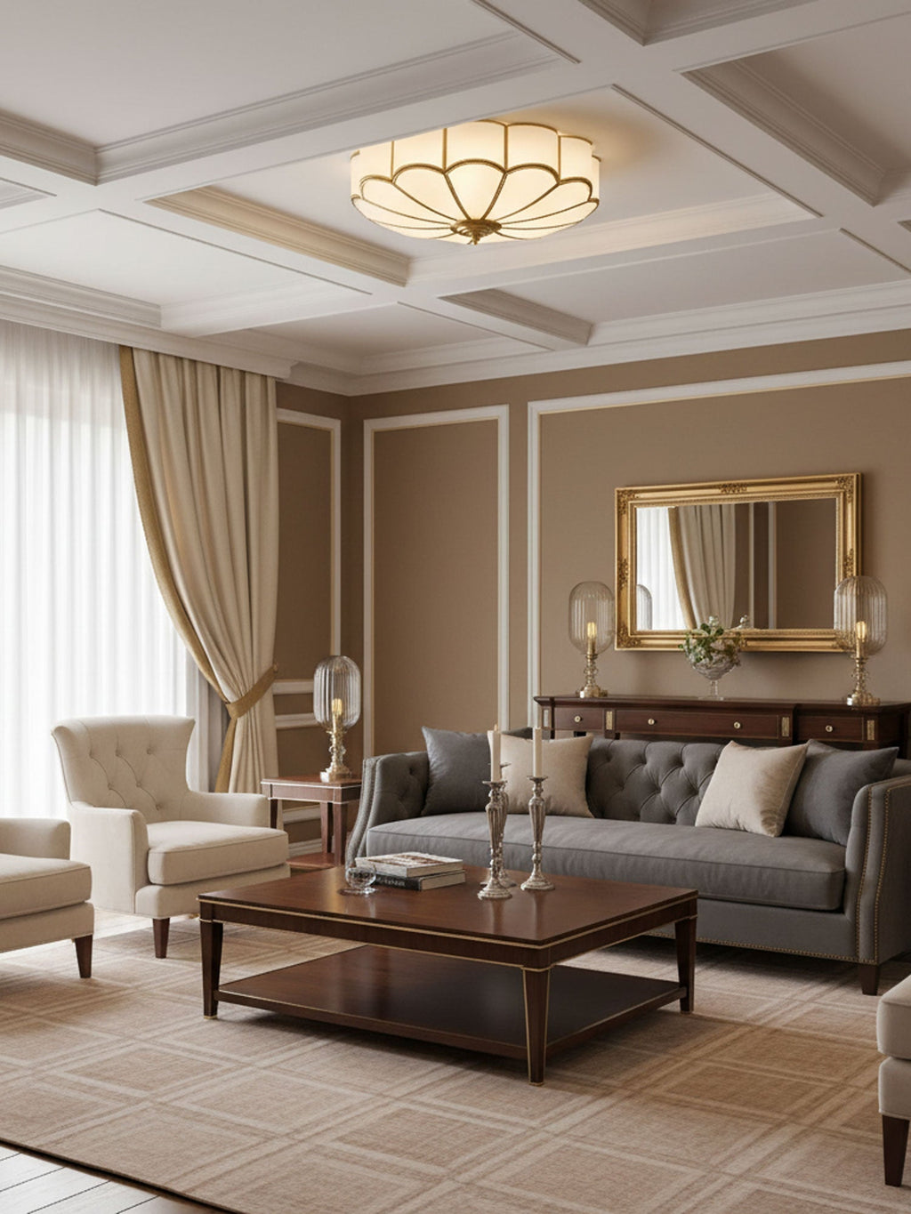 Brass Multi-Arm Flush Mount Ceiling Light — Frosted Glass
