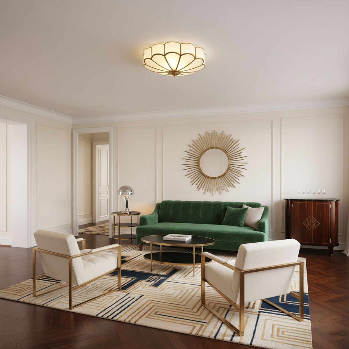 Brass Multi-Arm Flush Mount Ceiling Light — Frosted Glass