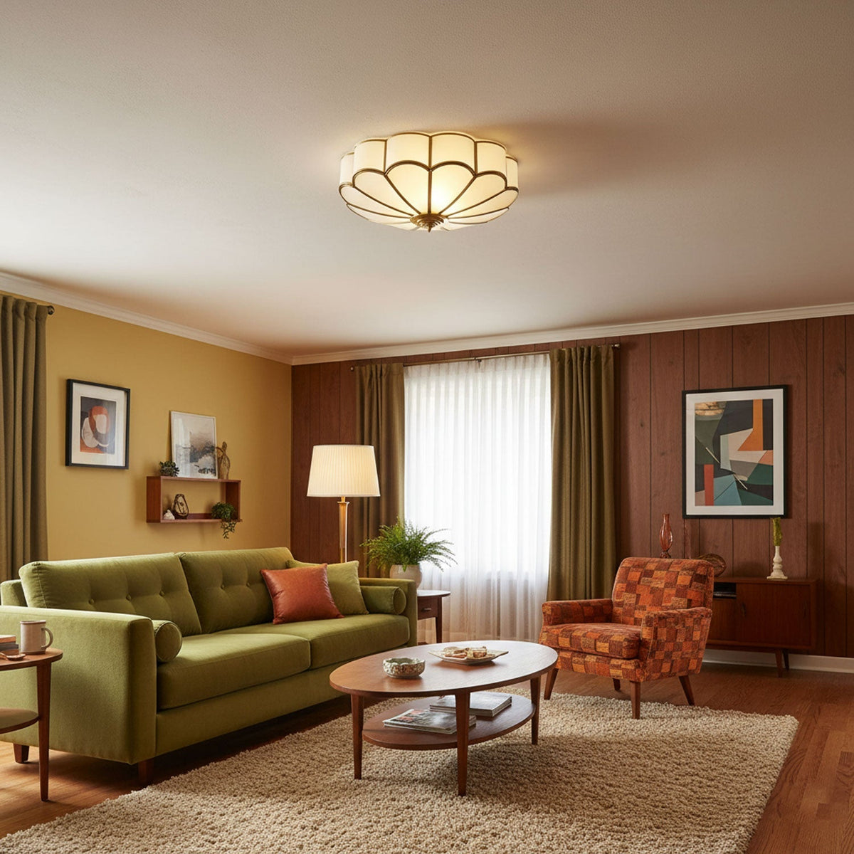 Brass Multi-Arm Flush Mount Ceiling Light — Frosted Glass