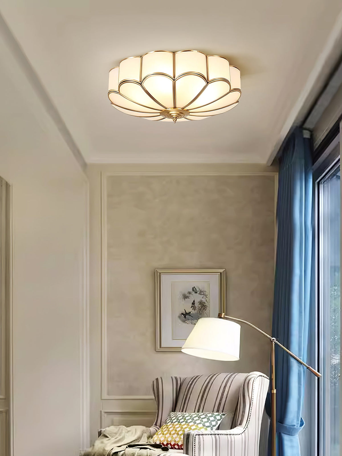 Brass Multi-Arm Flush Mount Ceiling Light — Frosted Glass