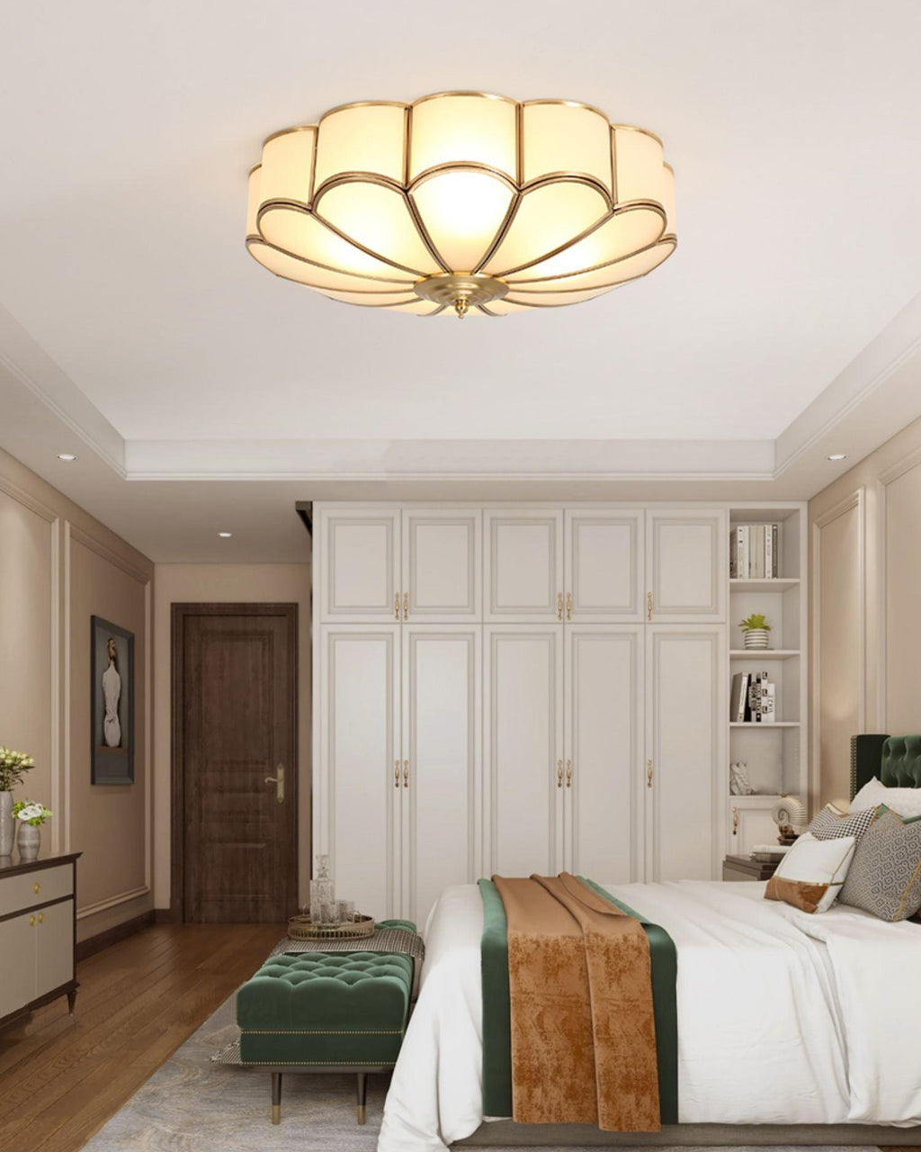 Brass Multi-Arm Flush Mount Ceiling Light — Frosted Glass