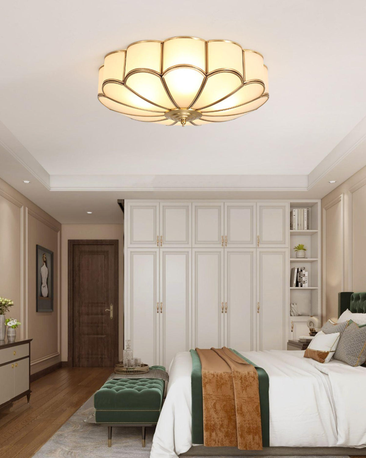 Brass Multi-Arm Flush Mount Ceiling Light — Frosted Glass