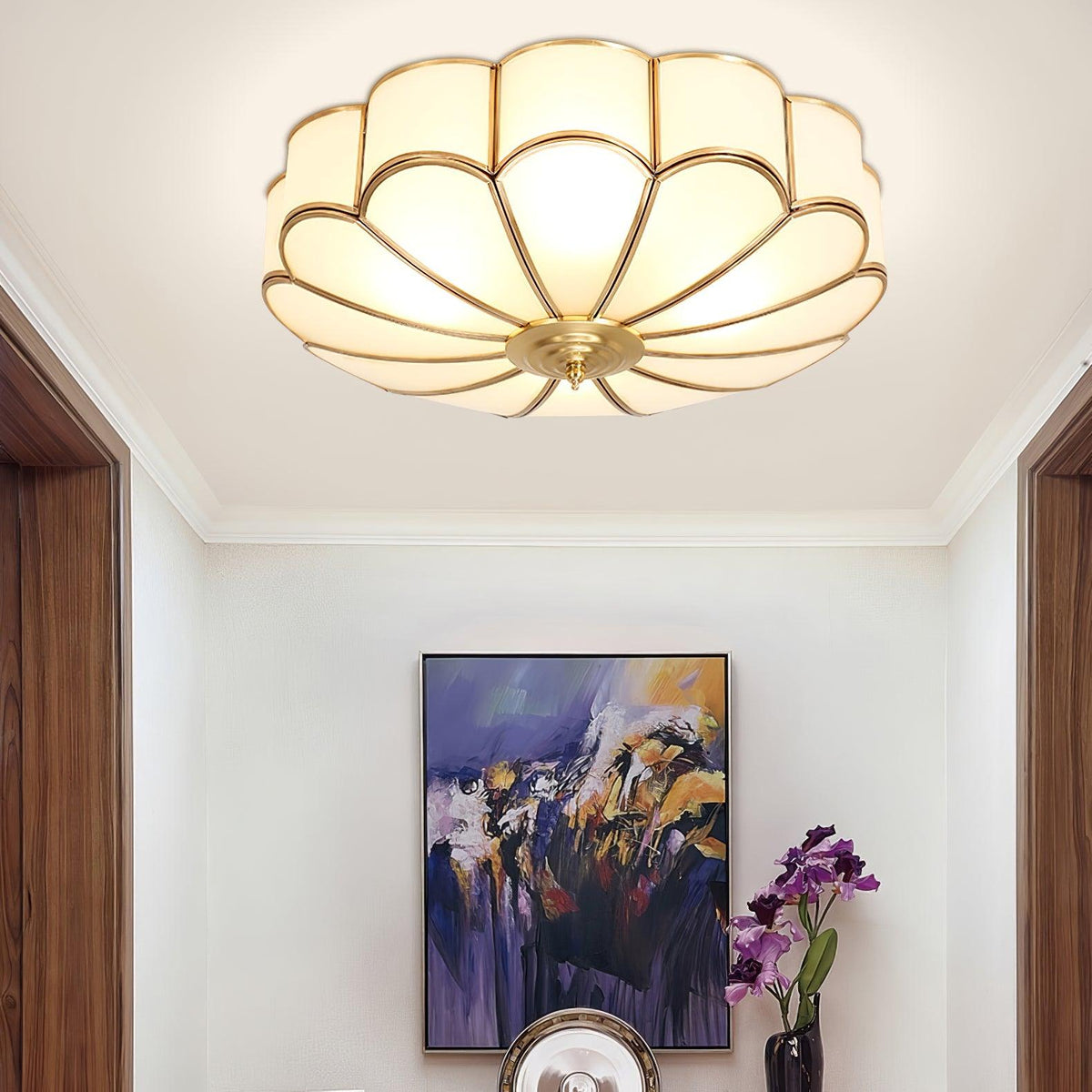 Brass Multi-Arm Flush Mount Ceiling Light — Frosted Glass
