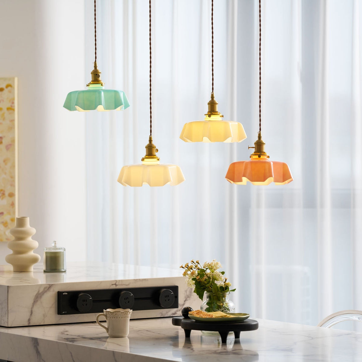 Textured Dome Pendant Light — Adjustable Height, White, Beige, Pink & Blue