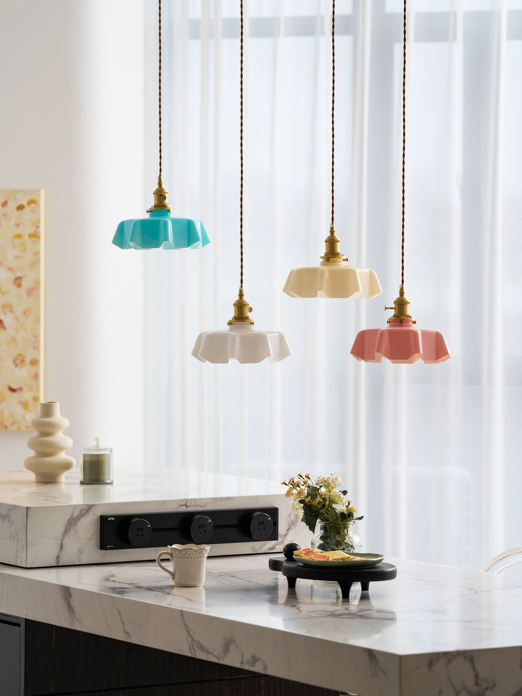 Textured Dome Pendant Light — Adjustable Height, White, Beige, Pink & Blue