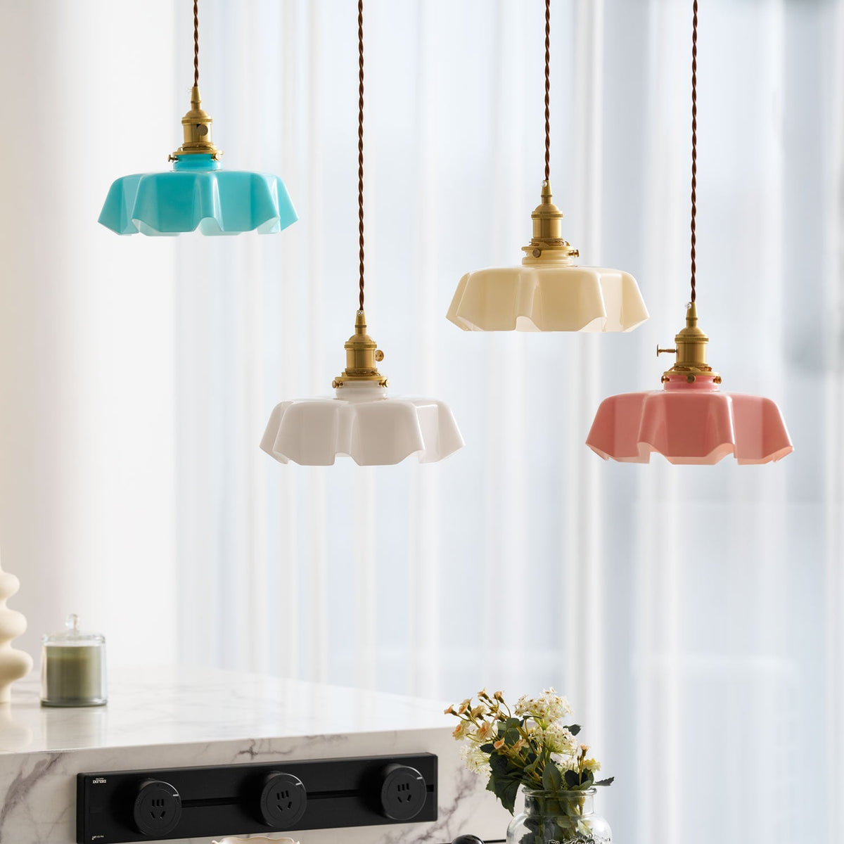 Textured Dome Pendant Light — Adjustable Height, White, Beige, Pink & Blue