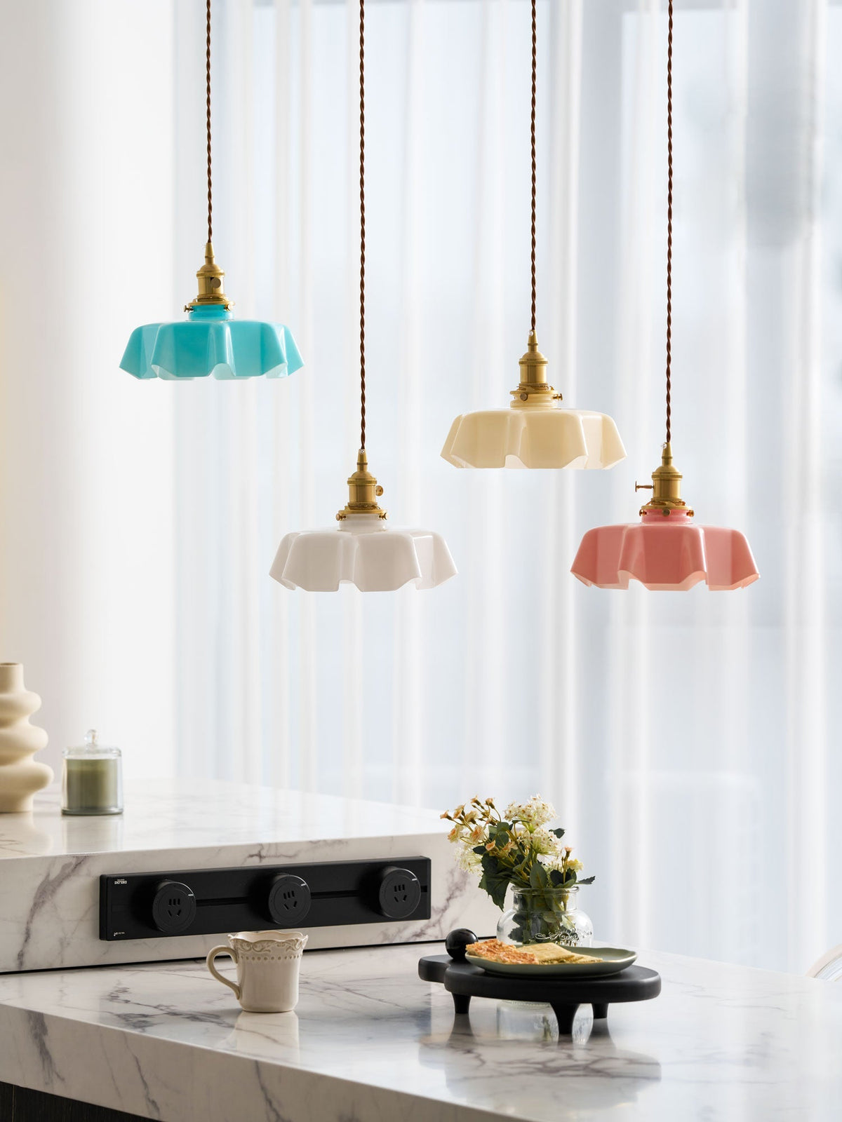 Textured Dome Pendant Light — Adjustable Height, White, Beige, Pink & Blue