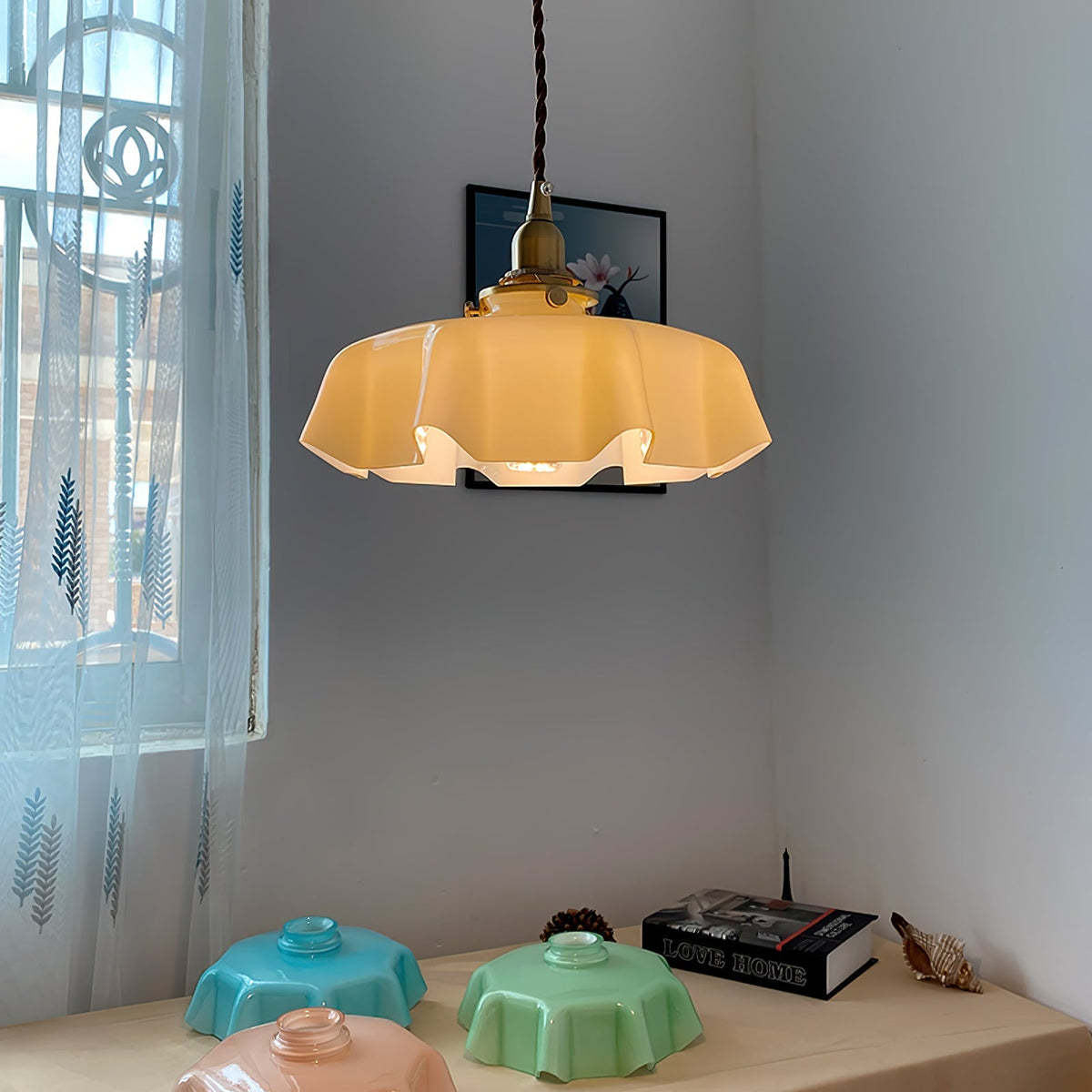 Textured Dome Pendant Light — Adjustable Height, White, Beige, Pink & Blue
