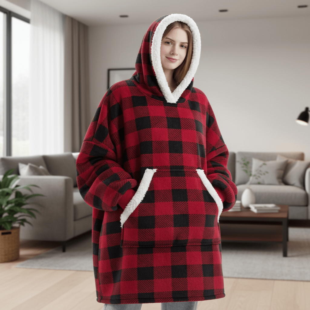 CozyNest fleecefodrad hoodie-filt — bärbar design med fastsydd huva