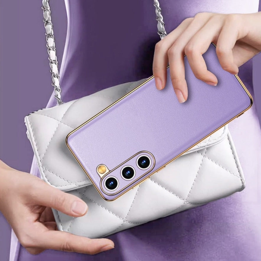 Pouzdro na telefon Samsung Galaxy z hovězí kůže — kovový rám, bezdrátové nabíjení