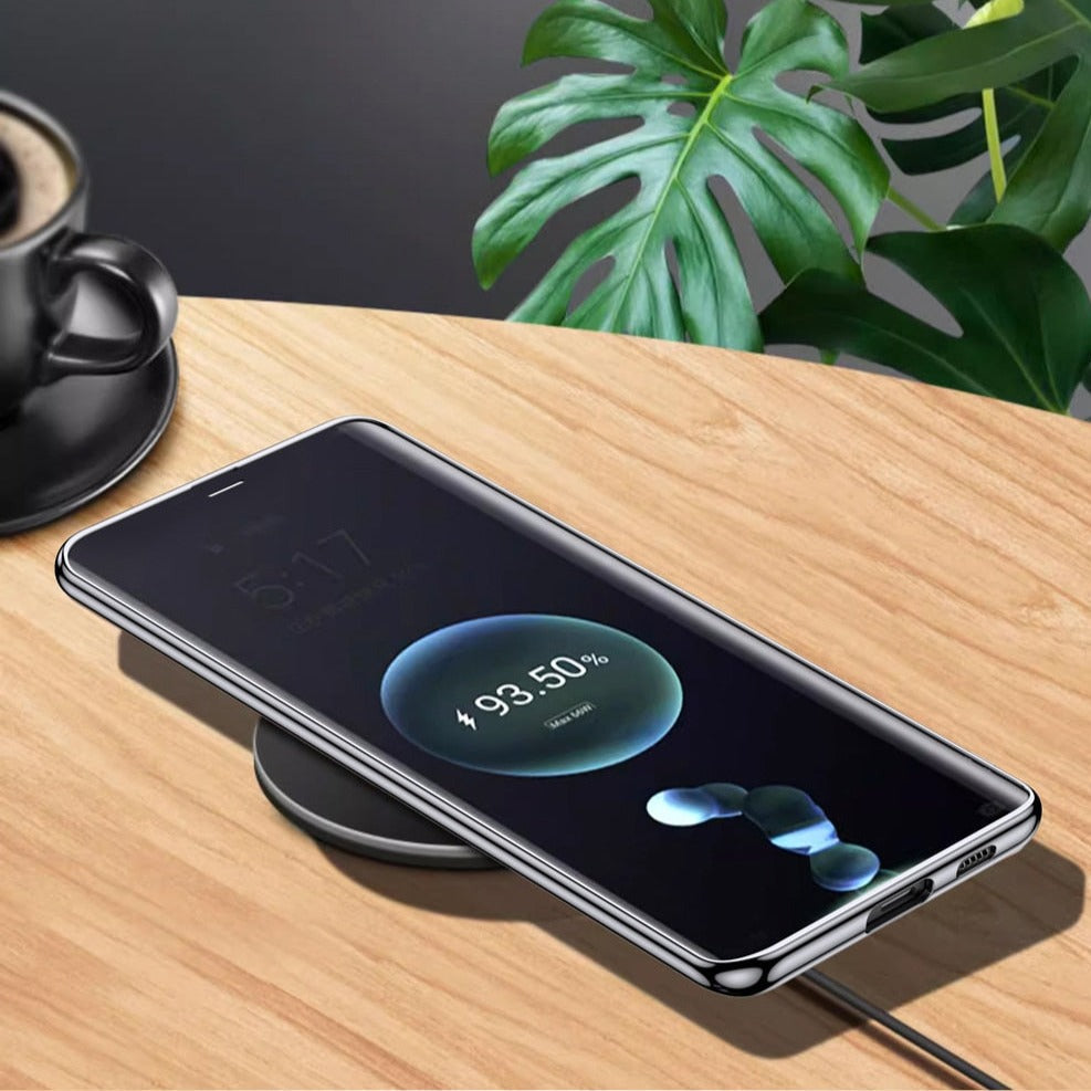 Pouzdro na telefon Samsung Galaxy z hovězí kůže — kovový rám, bezdrátové nabíjení