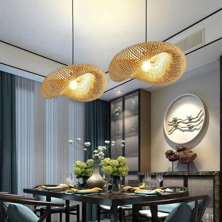 BambooWave Pendant Light With Wicker Rattan Shade Natural