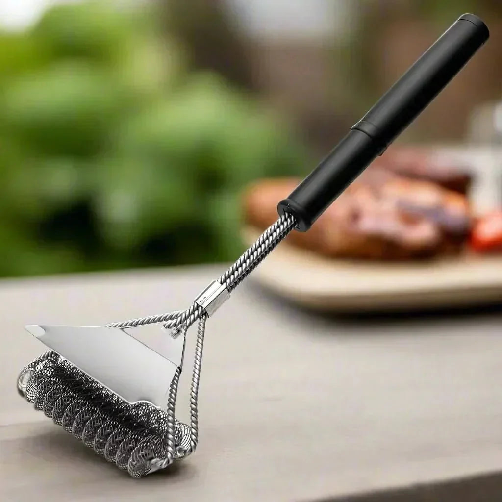 GrillGuard Bristleless BBQ Brush — Three-Head Design, Integrated Scraper