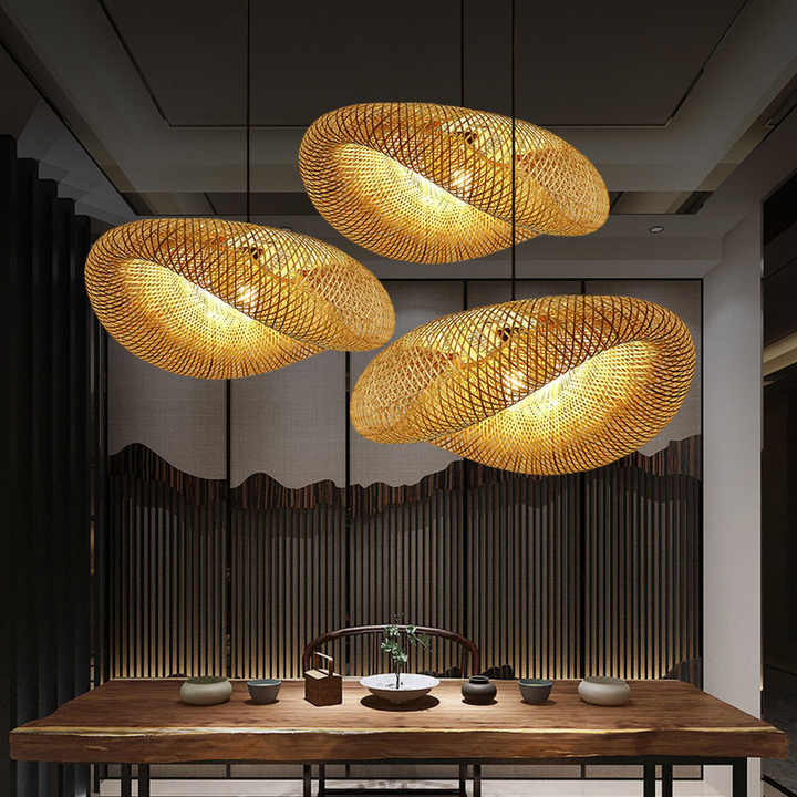 BambooWave Pendant Light With Wicker Rattan Shade Natural