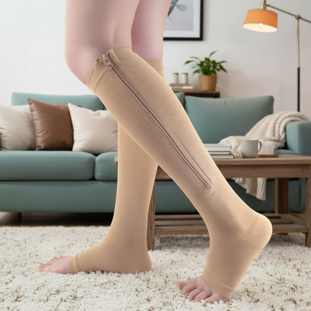 Calze elastiche a compressione FlexEase — Chiusura con cerniera, design per un sostegno tutto il giorno
