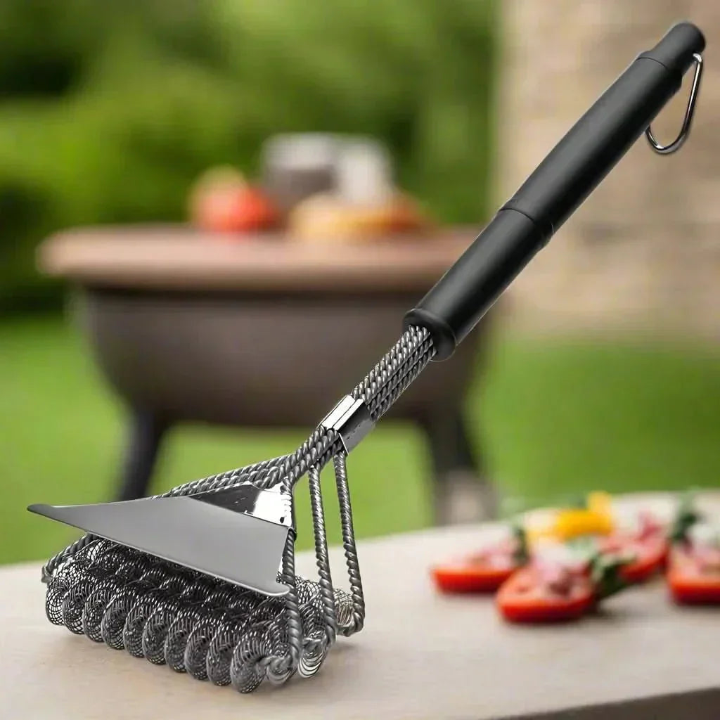 GrillGuard Bristleless BBQ Brush — Three-Head Design, Integrated Scraper