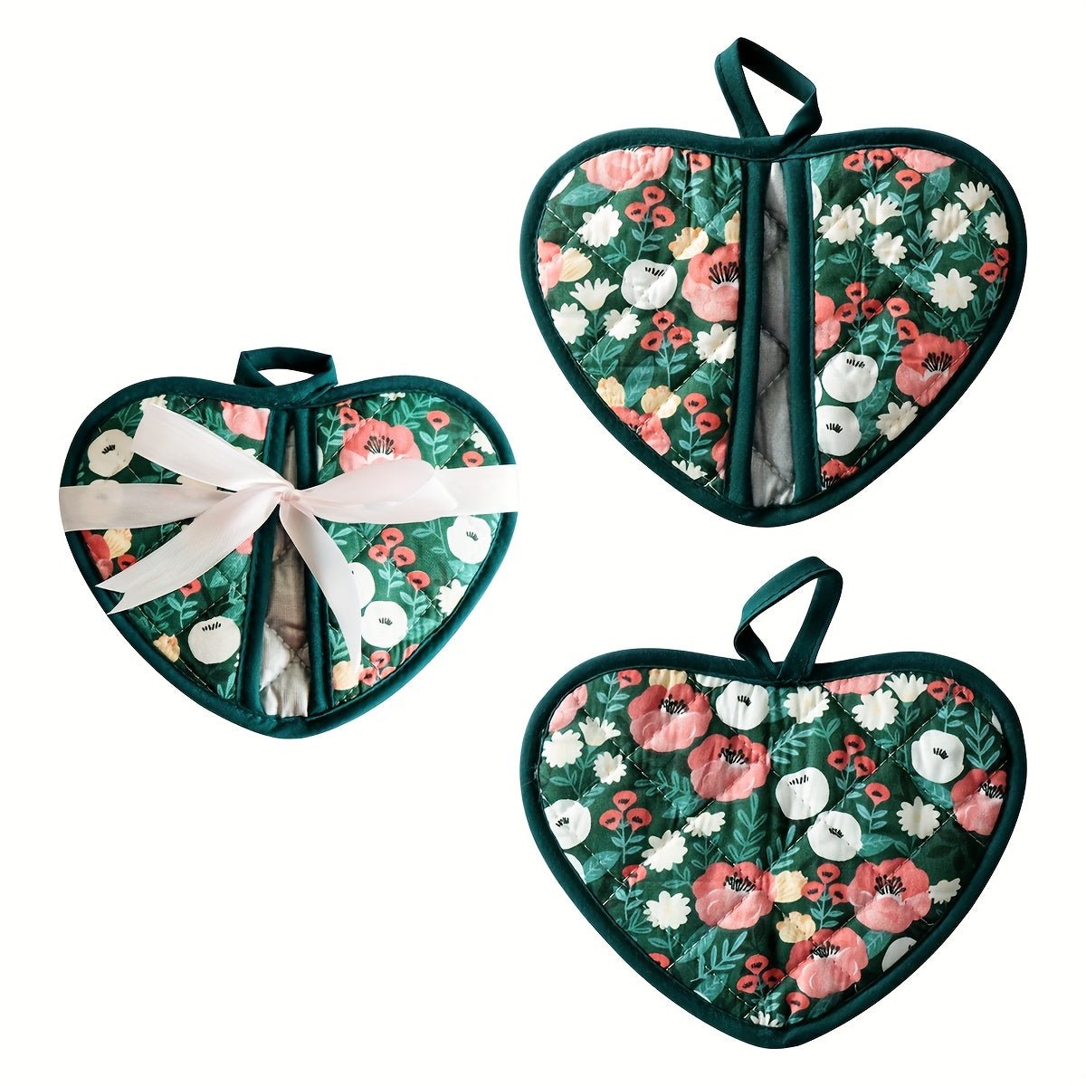 FloraGuard Heart Shaped Pot Holders — Vintage Floral Pattern, Heat Resistant