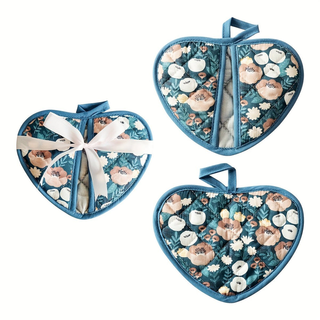 FloraGuard Heart Shaped Pot Holders — Vintage Floral Pattern, Heat Resistant