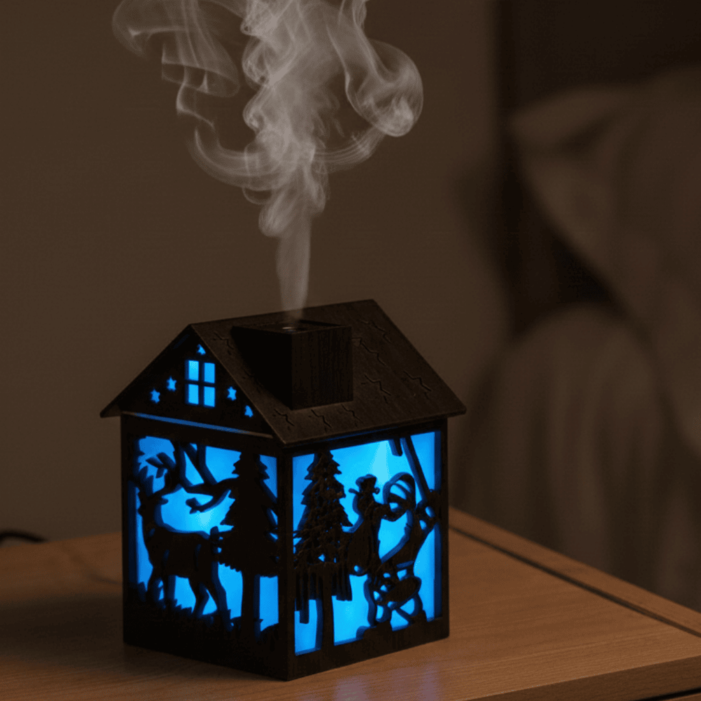 TimberNook aromaterapeutický zvlhčovač — nádržka 240ml, design dřevěného domečku, ultrazvuková mlha, noční světlo