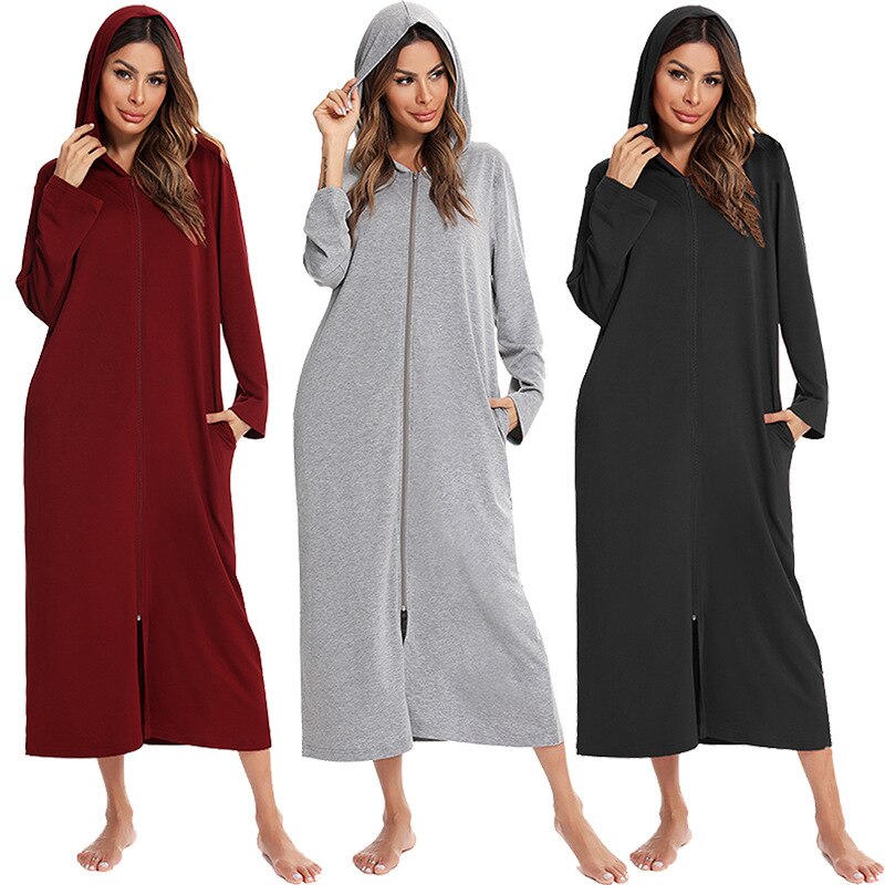 Albornoz de forro polar con capucha para mujer — Cremallera completa y bolsillos