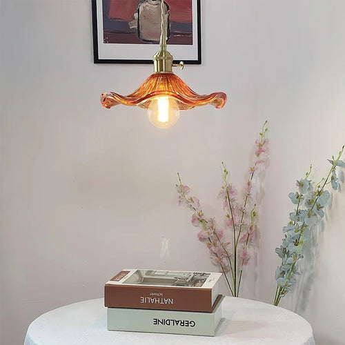 Aurelia Hibiscus Scalloped Glass Pendant Light For Vintage Kitchens, Adjustable Suspension, Warm Light