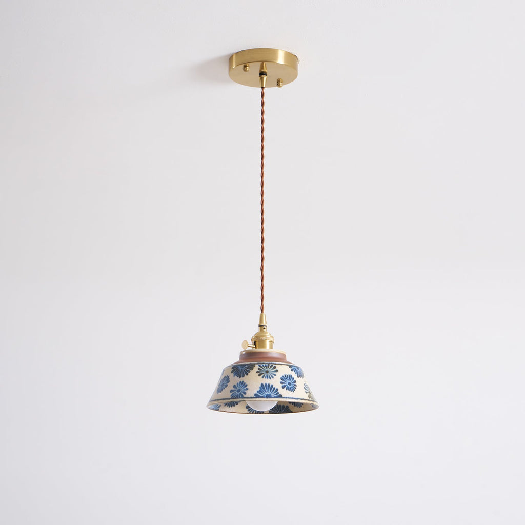 Ręcznie wykonana ceramiczna lampa wisząca — regulowany kwiatowy klosz o szerokości 7 cali