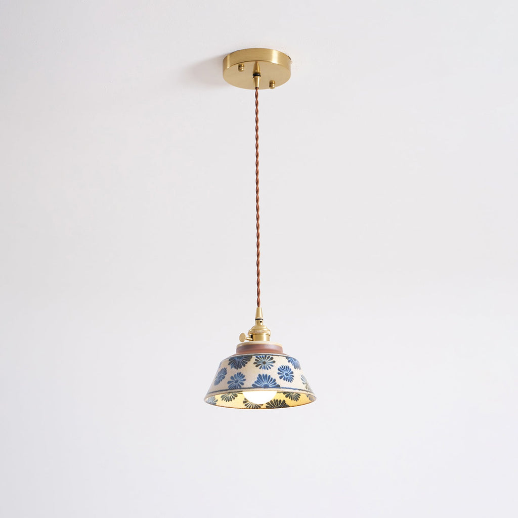 Ręcznie wykonana ceramiczna lampa wisząca — regulowany kwiatowy klosz o szerokości 7 cali