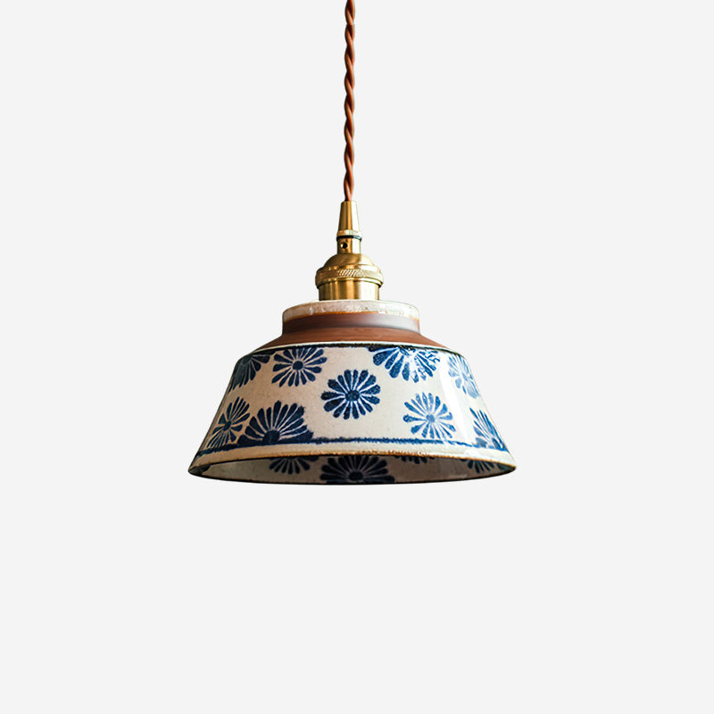 Ręcznie wykonana ceramiczna lampa wisząca — regulowany kwiatowy klosz o szerokości 7 cali