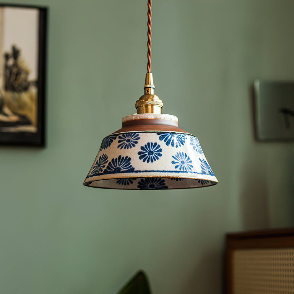 Ręcznie wykonana ceramiczna lampa wisząca — regulowany kwiatowy klosz o szerokości 7 cali