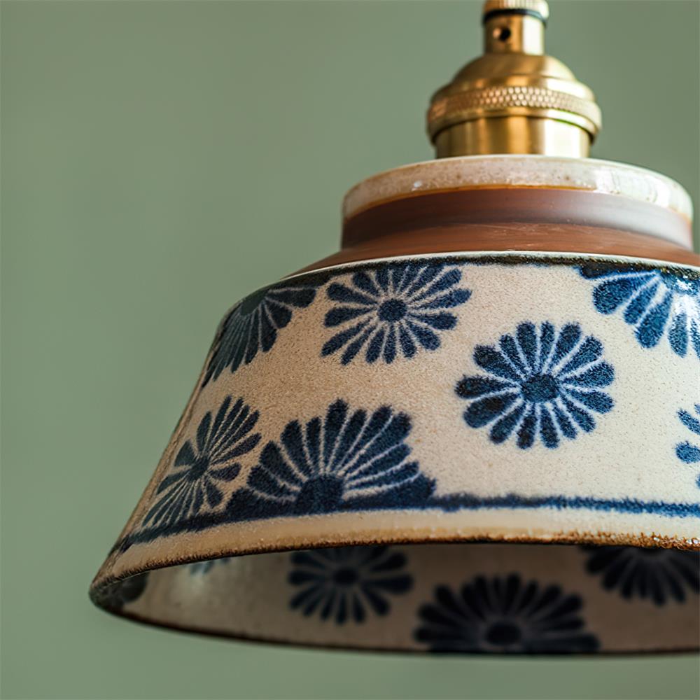 Ręcznie wykonana ceramiczna lampa wisząca — regulowany kwiatowy klosz o szerokości 7 cali