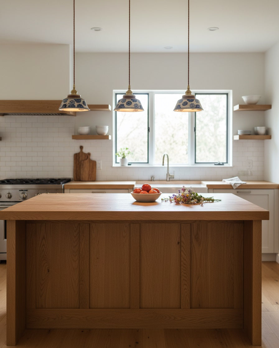 Ręcznie wykonana ceramiczna lampa wisząca — regulowany kwiatowy klosz o szerokości 7 cali