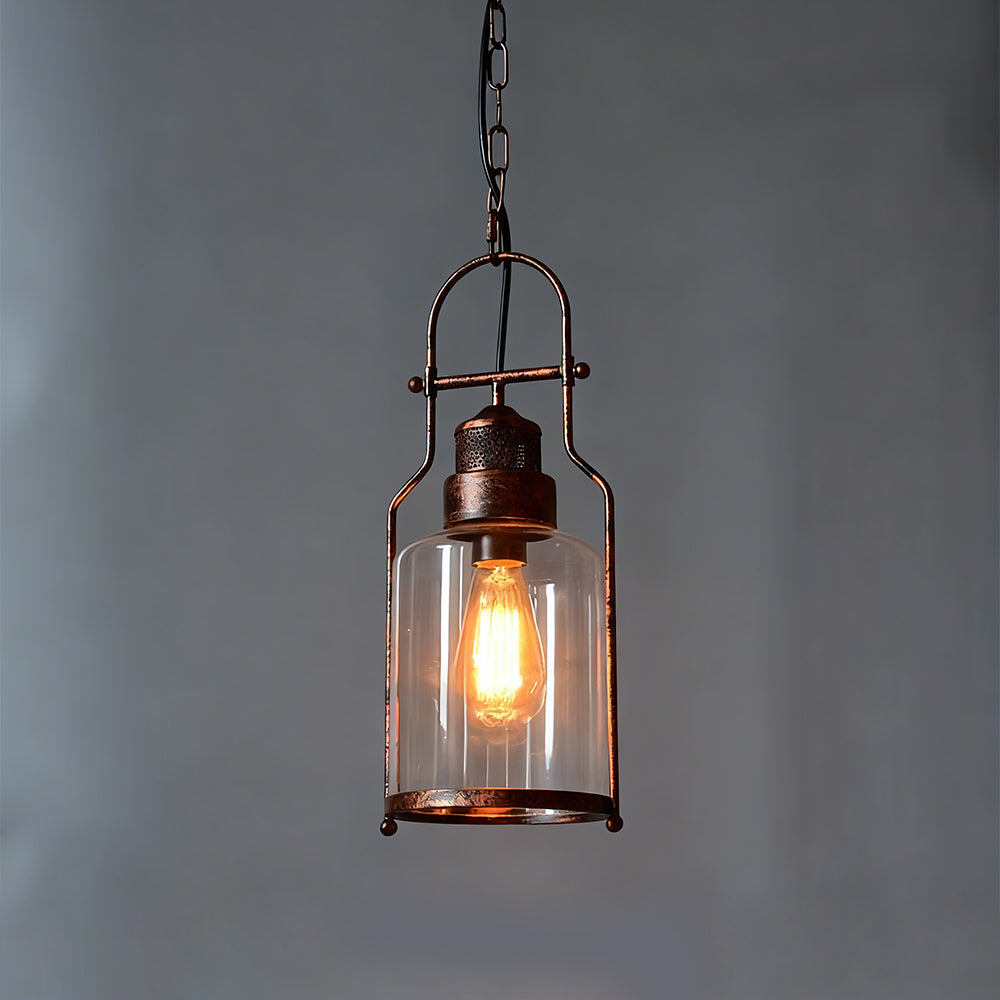 Industriell taklampe i metall og glass — 8 in bred, 18 in nedheng