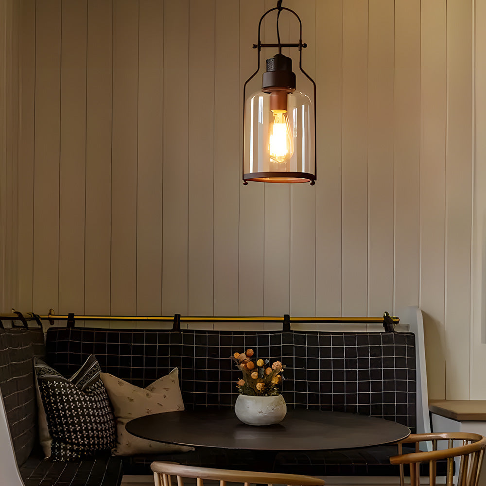 Industriell taklampe i metall og glass — 8 in bred, 18 in nedheng