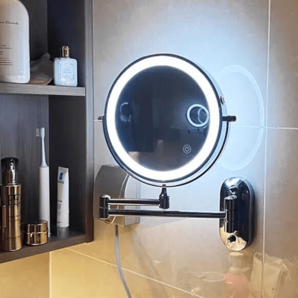 Specchio da trucco ingranditore illuminato da 8 pollici, rotondo, da parete, ricaricabile USB, con regolazione touch della luminosità, per bagno, trucco e cura del viso Ski