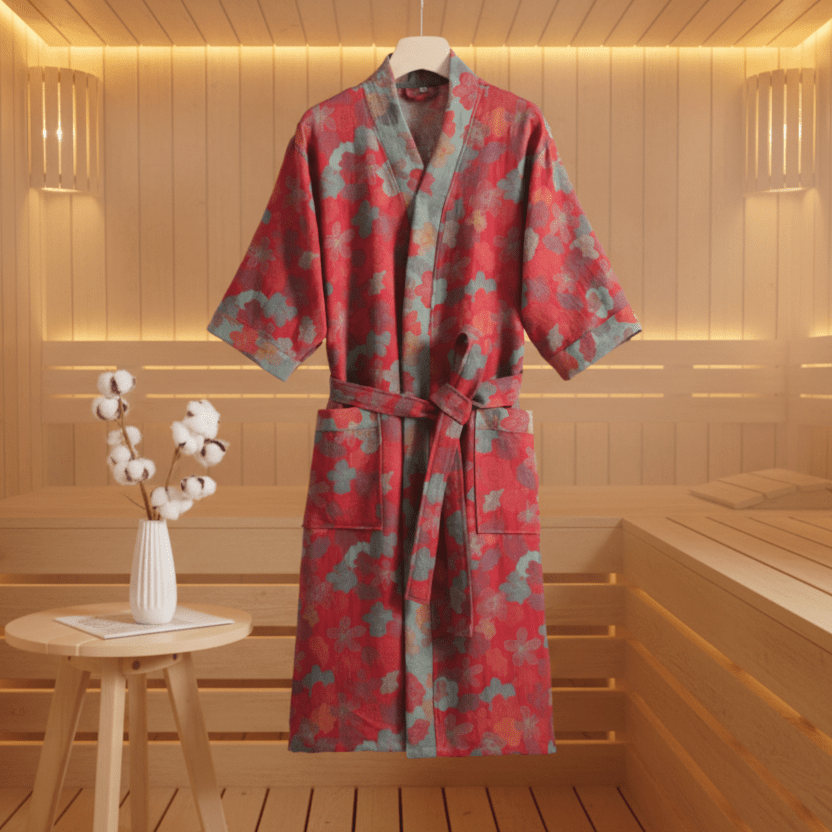 Reversible organic cotton kimono bathrobe with ginkgo leaf motif for breathable comfort and timeless natural elegance - Euroselle