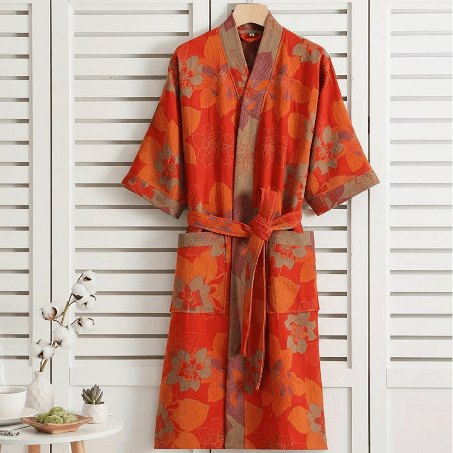 Reversible organic cotton kimono bathrobe with ginkgo leaf motif for breathable comfort and timeless natural elegance - Euroselle