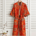 Reversible organic cotton kimono bathrobe with ginkgo leaf motif for breathable comfort and timeless natural elegance - Euroselle