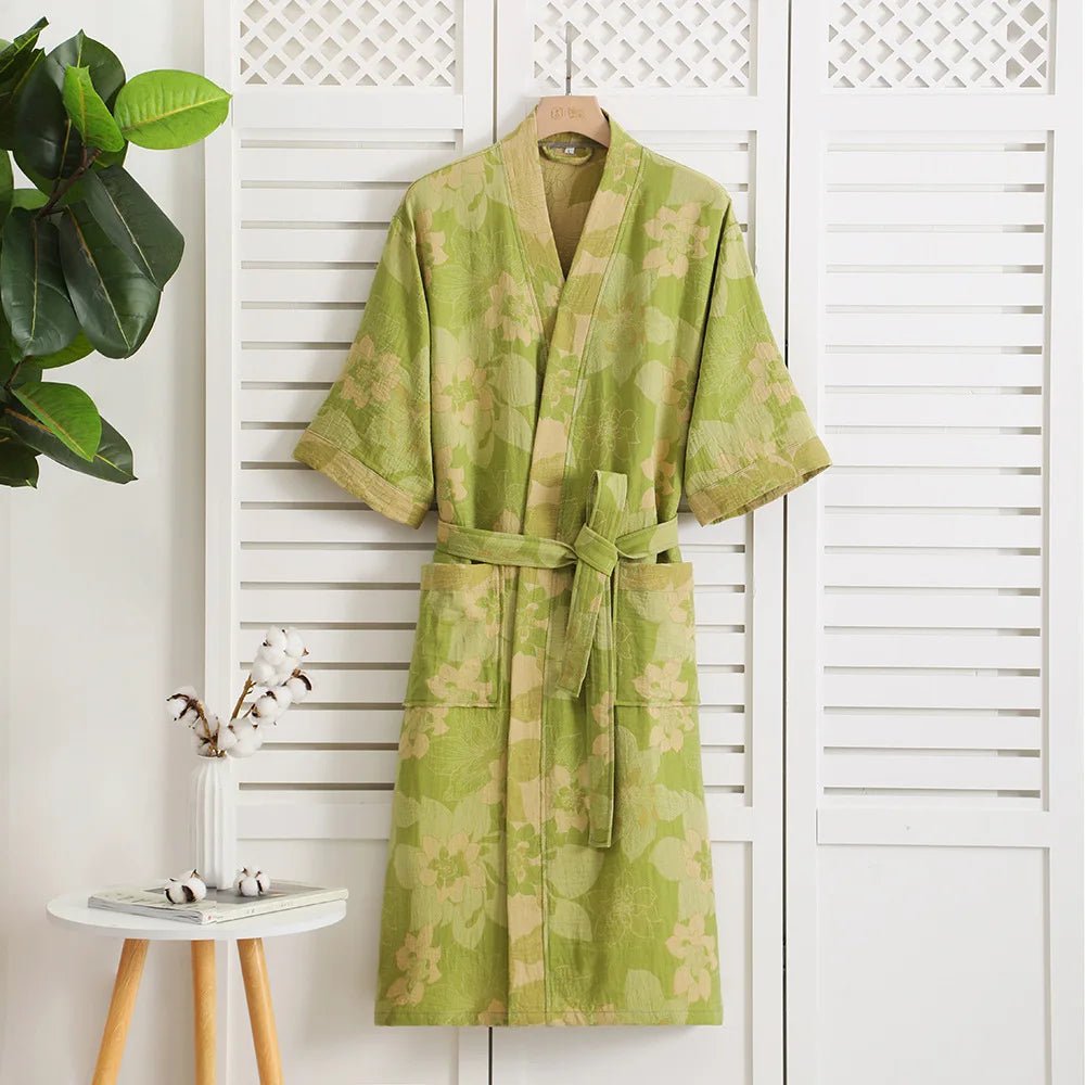 Reversible organic cotton kimono bathrobe with ginkgo leaf motif for breathable comfort and timeless natural elegance - Euroselle