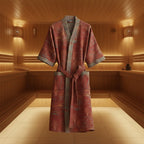 Reversible organic cotton kimono bathrobe with ginkgo leaf motif for breathable comfort and timeless natural elegance - Euroselle