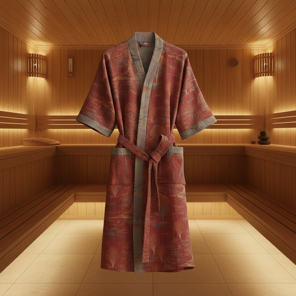 Reversible organic cotton kimono bathrobe with ginkgo leaf motif for breathable comfort and timeless natural elegance - Euroselle
