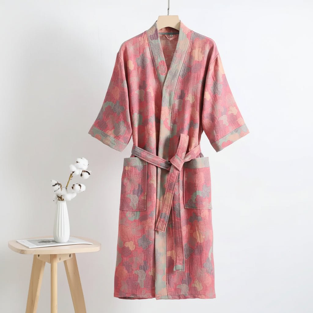 Reversible organic cotton kimono bathrobe with ginkgo leaf motif for breathable comfort and timeless natural elegance - Euroselle