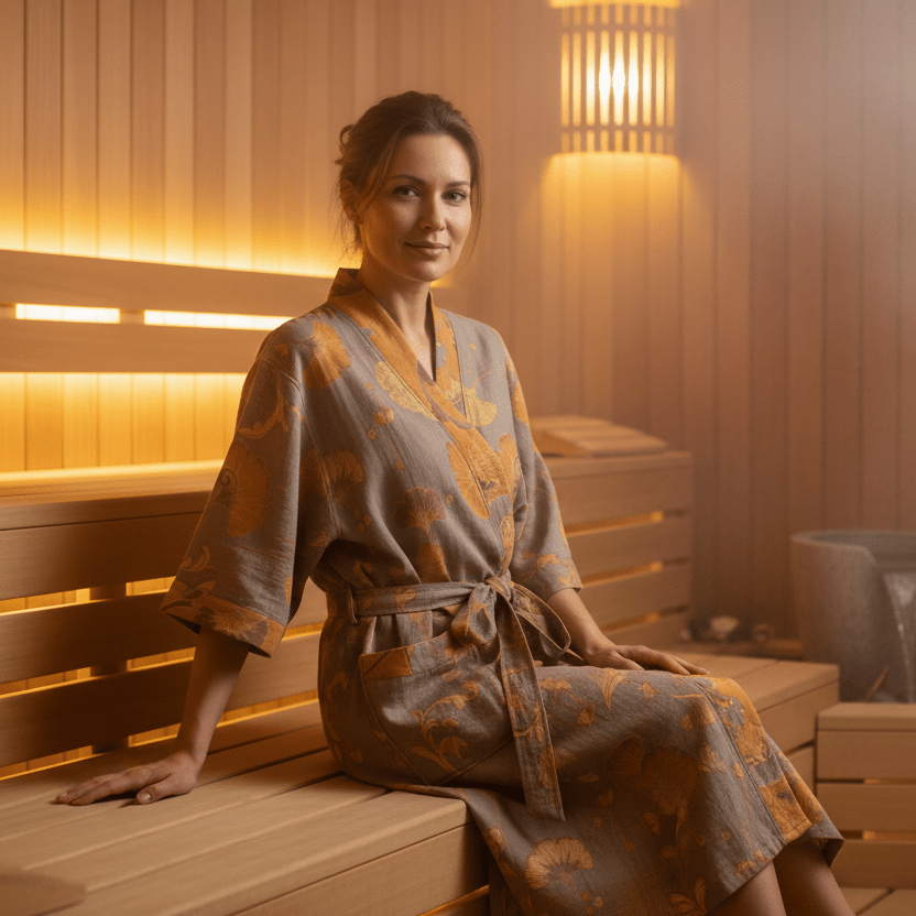 Reversible organic cotton kimono bathrobe with ginkgo leaf motif for breathable comfort and timeless natural elegance - Euroselle